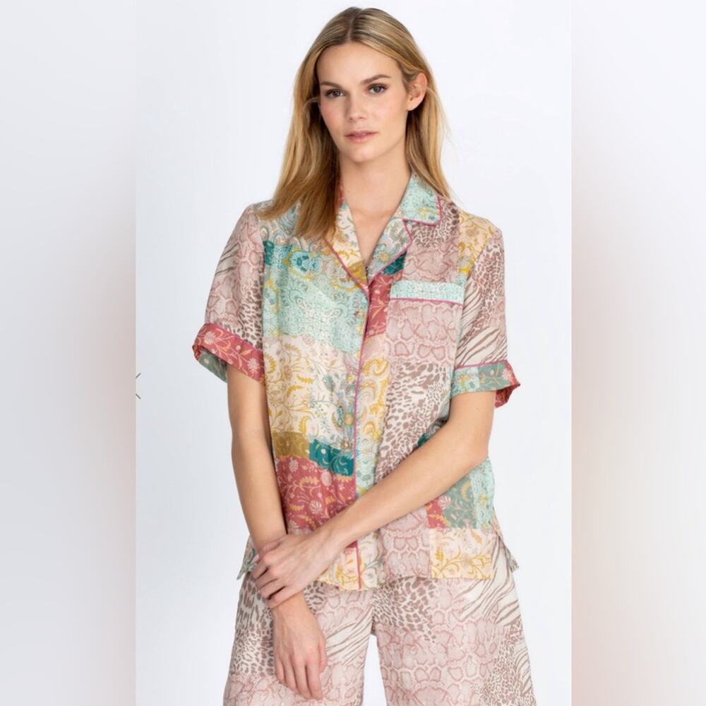 Patchwork Print Short-Sleeve Button Front Top - Multi - Picture 2 of 16